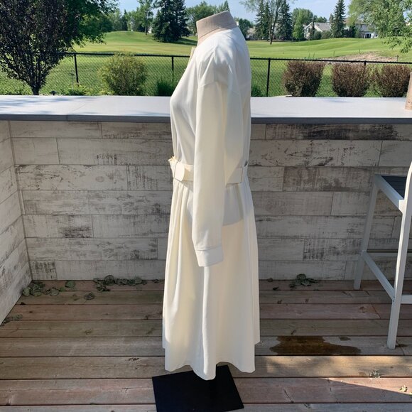 Vintage 80s 90s Full Button Belted Long Dolman Sleeve Pleated Midi Dress - Picture 5 of 16